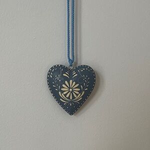 Vintage 90s Light Blue Toll Painted Wooden Heart Ornament